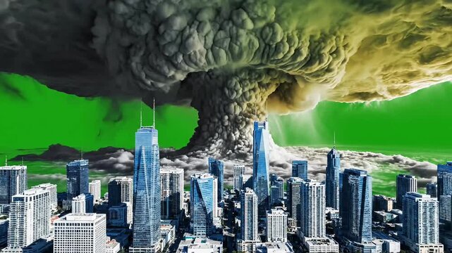 A monstrous storm cloud engulfs a futuristic cityscape in a dramatic illustration