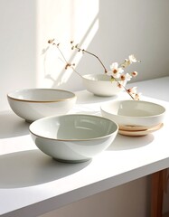 Four ceramic bowls artfully arranged on a white surface, with delicate flower stems