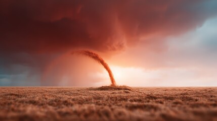 A mesmerizing twilight scene showcases a swirling tornado of dust against a vivid backdrop of dramatic clouds, capturing the beauty and peril of nature at its most intense moment.