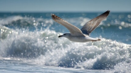 Naklejka premium Seagull flies over ocean waves on a sunny day near the shore