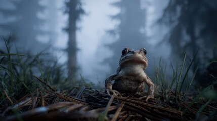 Obraz premium Frog sits on ground in foggy forest with tall trees during evening light