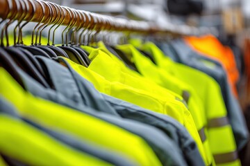 Fototapeta premium Bright safety jackets hang on a rack in a store displaying work gear for construction and outdoor work