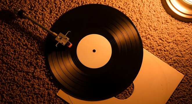 Close-up of a vintage vinyl record playing on a turntable with warm lighting.