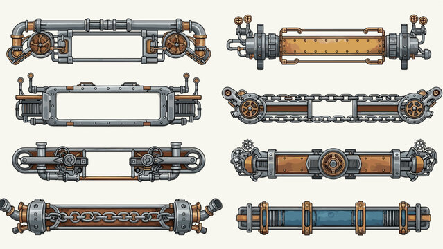 Collection of steampunk style horizontal borders and frames featuring metal pipes, gears, chains, and industrial parts.