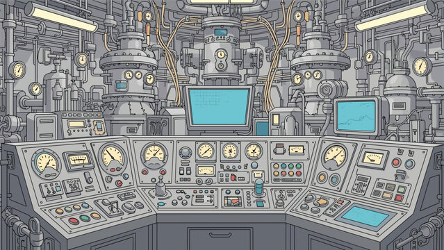 Detailed control room interior with numerous gauges, monitors, buttons, and dials in complex industrial or ship design.