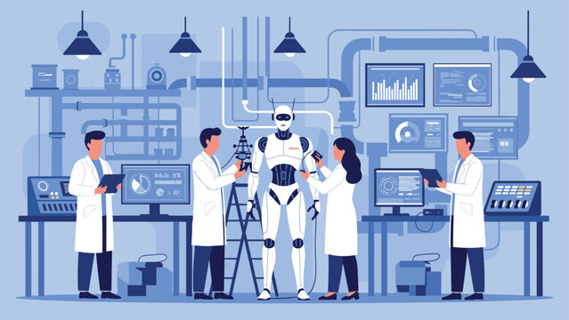 Group of scientists in white lab coats working on an advanced humanoid robot in a futuristic laboratory setting.