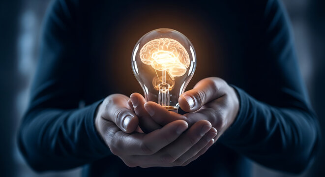 A person holding a glowing lightbulb with an illuminated brain inside, close-up view of hands and the bulb