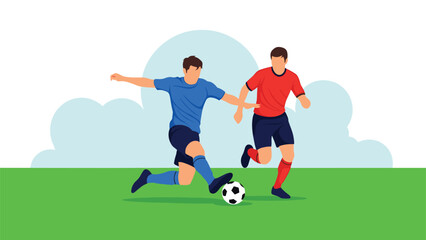 Obraz premium Two professional soccer players compete for the ball on a green field during an intense football match under a blue sky with soft white clouds.