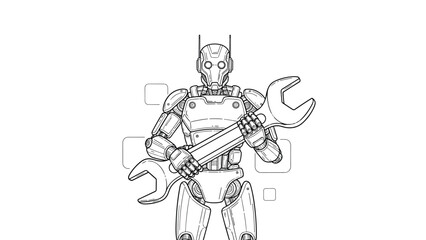 Maintenance robot is shown as a detailed line art illustration holding a giant wrench ready to perform repairs on mechanical equipment or gear.