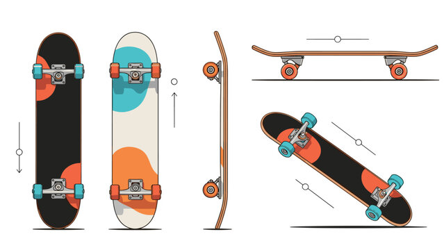 Artistic collection of skateboard deck graphics features different color combinations and technical drawings of the board from several angles.
