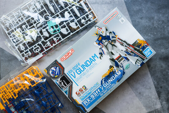 Bangkok, Thailand - February 7, 2026 : Gunpla, the plastic model kits from Gundam. RX-93ff Nu Gundam.