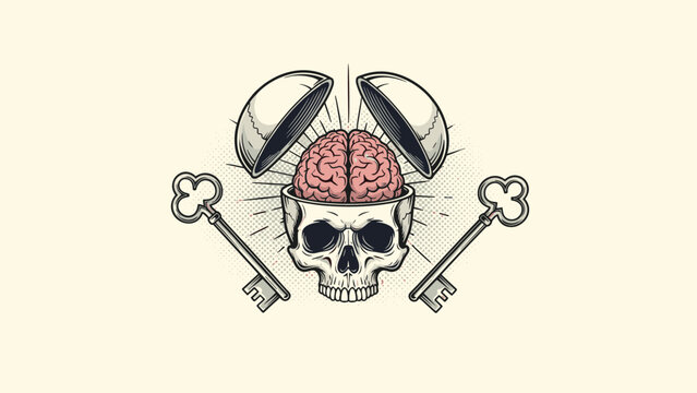 Surreal illustration shows an open human skull with the brain exposed alongside two antique skeleton keys against a textured beige background.