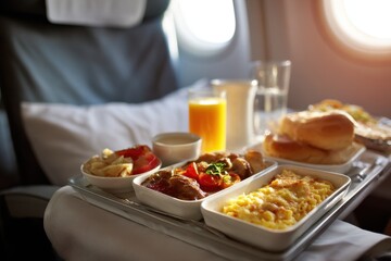 In-flight meal served on a tray with variety of dishes and drinks during a flight at cruising altitude