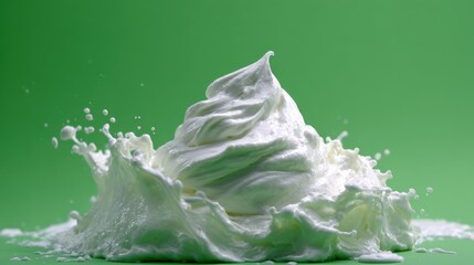 Whipped cream splashes against a bright green background during a food preparation scene