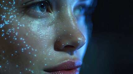 Close-up view of a person with glowing dots on their face against a dark background during a creative event at night