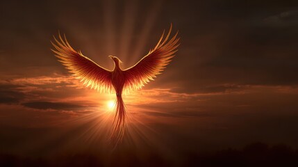 Phoenix rises from the sun at dusk, symbolizing transformation and rebirth in a dramatic scene over the horizon