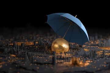 A blue umbrella above a golden sphere on a dark landscape with lights at night
