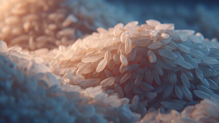 Close view of raw rice grains stacked in a pile showing different shapes and textures during early morning light