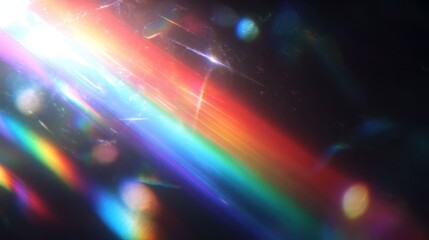 Light rays create colorful patterns on a dark background during a sunlight interaction with glass at midday