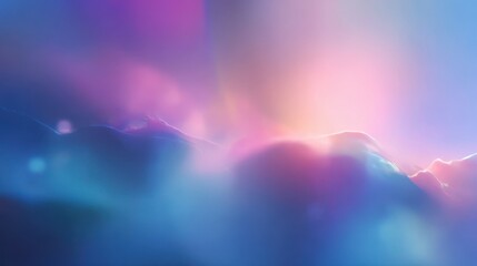 Colors blend in the sky above mountains during sunset near a calm landscape