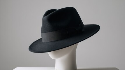 Black hat displayed on a white mannequin head against a simple backdrop with no visible details