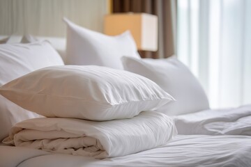 Soft bedding is neatly arranged on the bed in a hotel room with large windows and soft light coming through