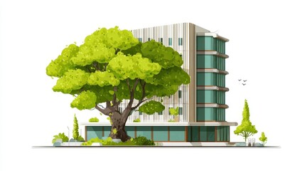 Building with large tree in urban setting showing green design elements and natural surroundings
