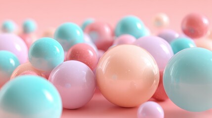 Colorful balls scatter across a pink surface in various sizes and shapes during daytime