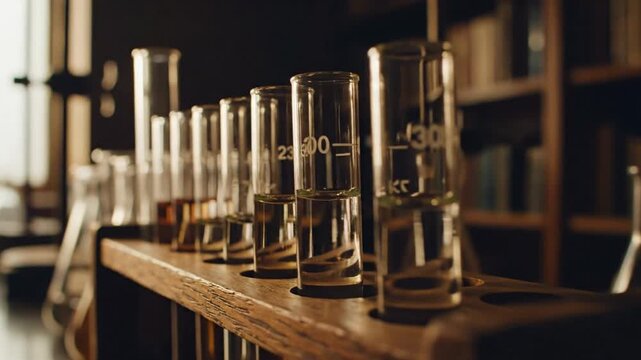 Close up view laboratory glassware on wooden shelves in warm light.