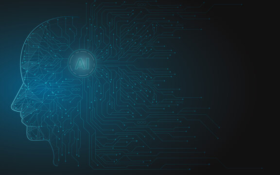 AI Humanoid Face Concept. Technology Digital Robot Head Side View with Circuit Board Components. Tech Blue Background. Artificial Intelligence Agent or Assistant Concept. Vector Digital Illustration