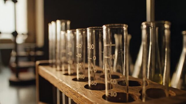 Close up view of laboratory glassware on wooden rack in warm light.