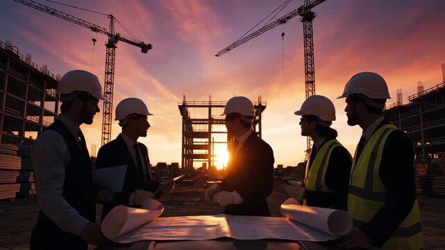 Silhouette Teams of Business Engineers looking for blueprints in construction sites through blurry construction sites at sunset video