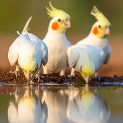 Four cockatiels with distinctive crests drinking from water's edge, creating reflections