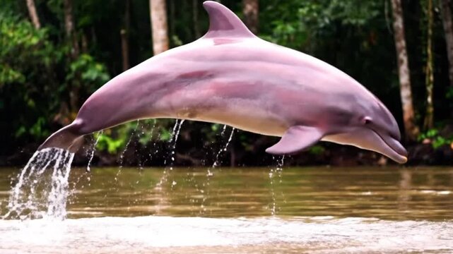 Pink river dolphin jumping out of the water in the Amazon rainforest, showcasing its unique color and agility.