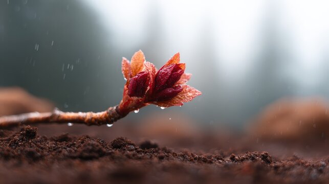 A close-up view of new leaves sprouting from wet soil, representing renewal and the vitality of spring, highlighting nature's persistent ability to regenerate and grow.