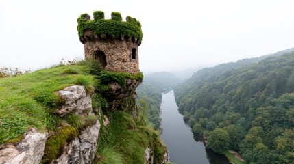 An enchanting image of an ancient, ivy-covered tower perched on a rocky cliff, overlooking a misty valley, evoking a sense of history, wonder, and adventure.