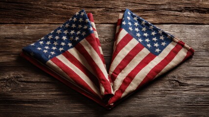 Obraz premium Two American Flag Napkins Folded Neatly on Rustic Wood, Displaying Patriotism and National Pride