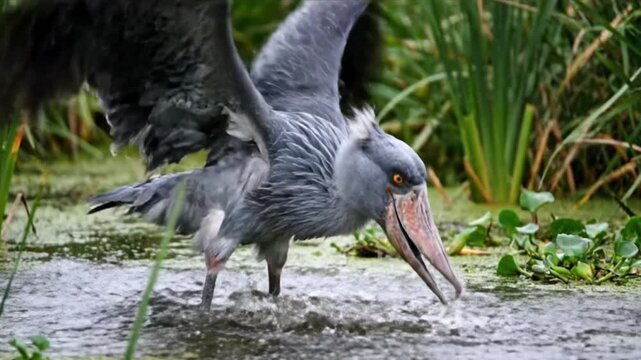Shoebill bird hunting fish in a swamp, capturing its prey in a natural habitat.
