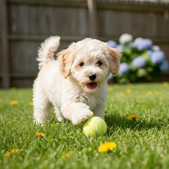 Fluffy puppy plays with a tennis ball on a grassy lawn with blurred background flowers