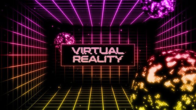 Virtual Reality Text in Retro Neon Grid Cyberspace