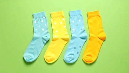 Four colorful socks arranged in a row against a vibrant, light green background