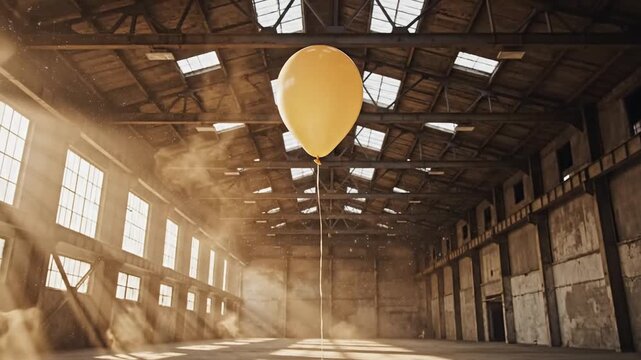 Floating yellow balloon drifting through a dusty warehouse interior.
