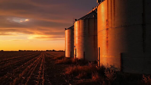 Grain silos stand tall beside a field at sunset with a dramatic orange glow