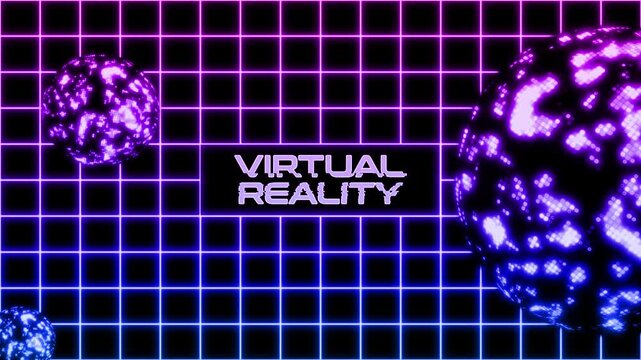 Virtual Reality Text on Retro Neon Grid with Pulsating Orbs