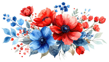 Watercolor floral arrangement with red and blue flowers on black
