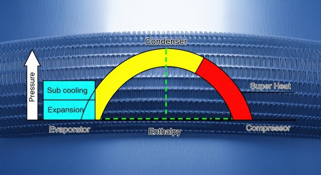 HVAC System Thermodynamic Cycle Diagram Depicting Evaporation, Condensation, and Compression Processes for Engineering and Educational Purposes