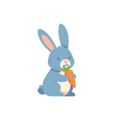 Fototapeta premium Cute Blue Bunny Rabbit Eating Carrot Flat Vector Illustration