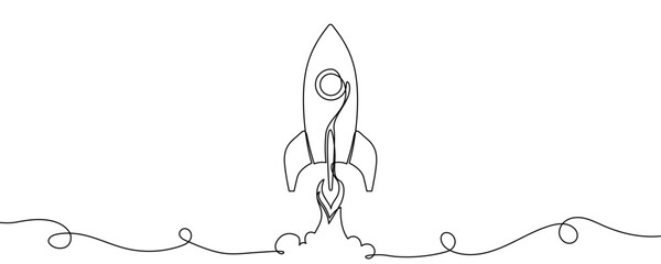 Rocket taking off in one line art style. Spaceship drawing with editable black stroke on white background. Vector illustration.