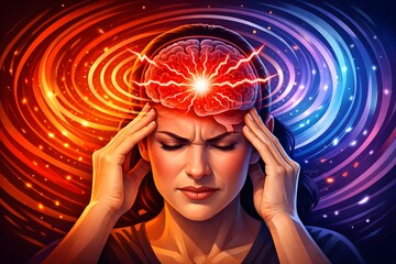 Migraine Headache with Pulsating Pain and Swirling Colors Around Brain 
