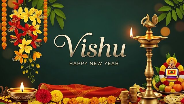 Vishu festival celebration with traditional oil lamp, marigold flowers, and golden pot for happy new year in Kerala culture